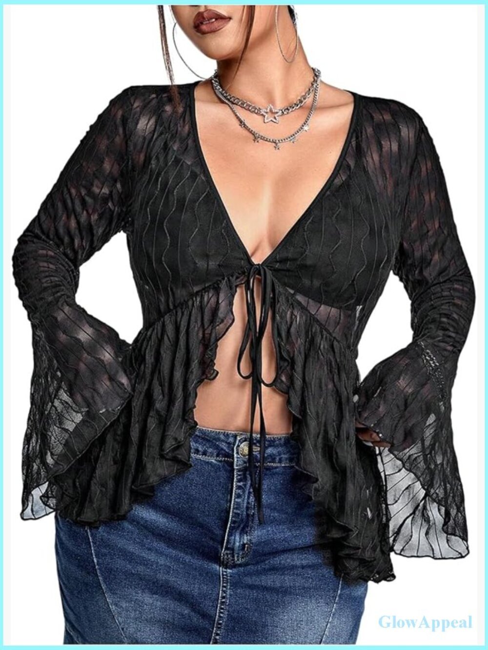 Plus Size Sheer Mesh Long Sleeve V-Neck Tee Shirt